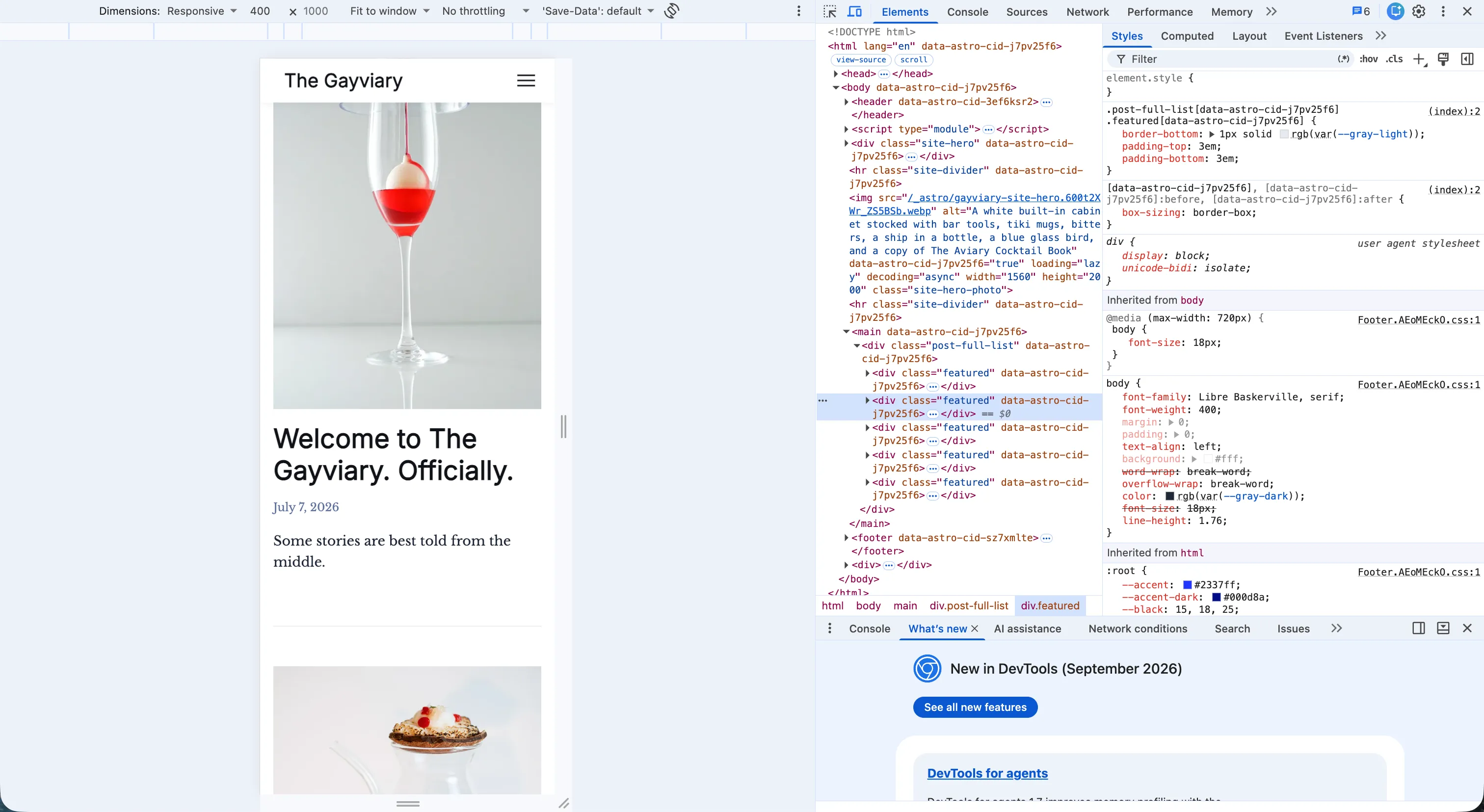 The Gayviary homepage previewed at mobile width alongside Chrome DevTools
